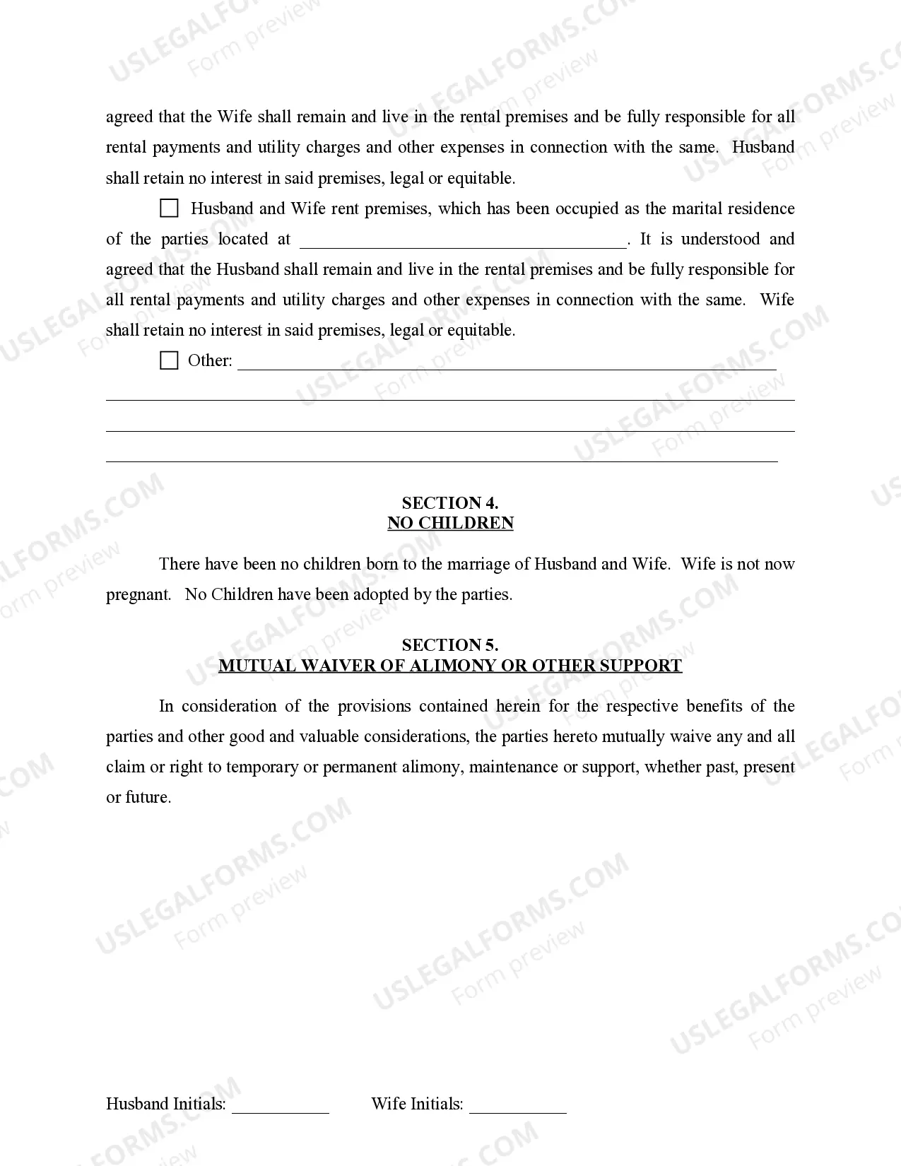 Preview Marital Legal Separation and Property Settlement Agreement for persons with No Children, No Joint Property or Debts where Divorce Action Filed