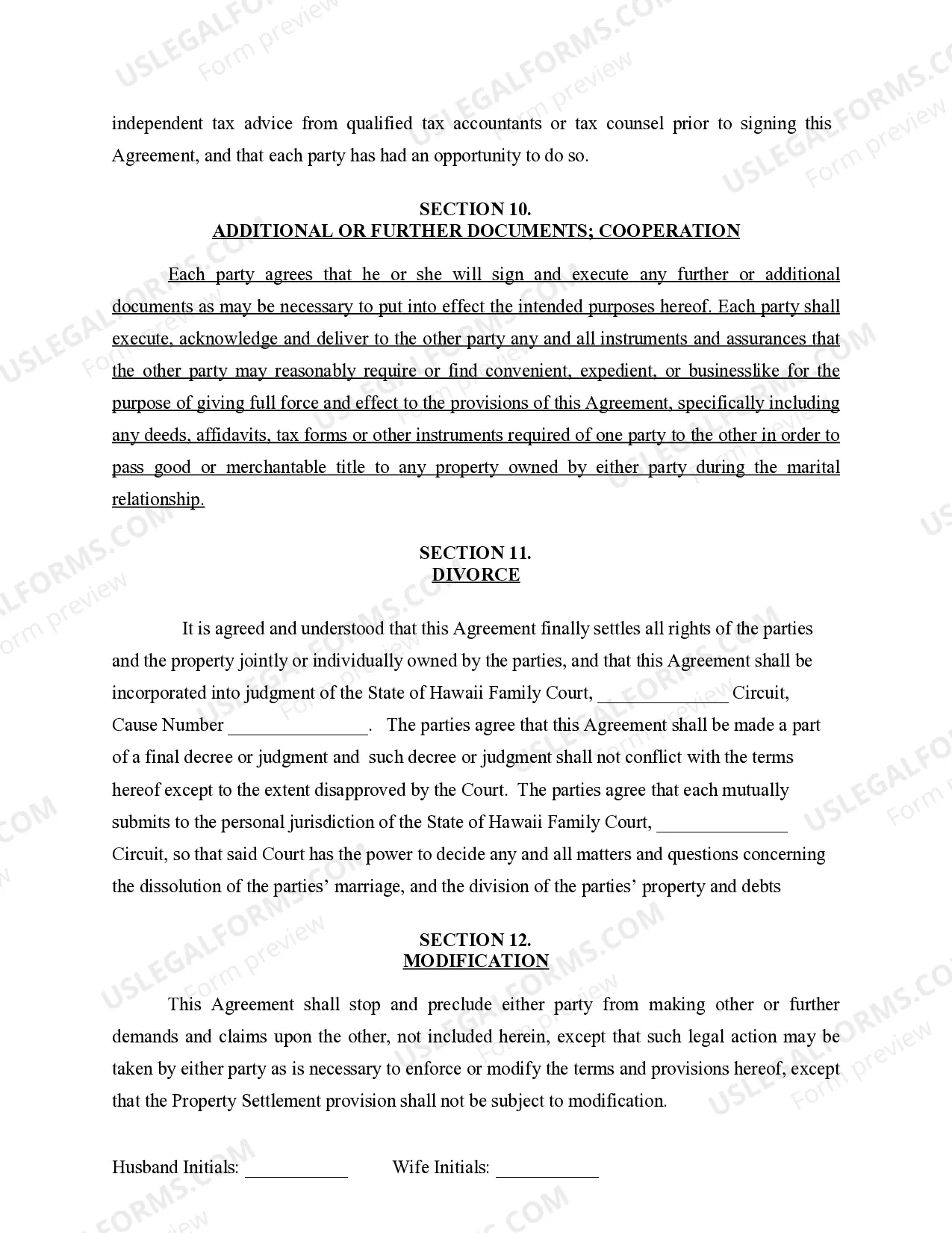 Preview Marital Legal Separation and Property Settlement Agreement for persons with No Children, No Joint Property or Debts where Divorce Action Filed