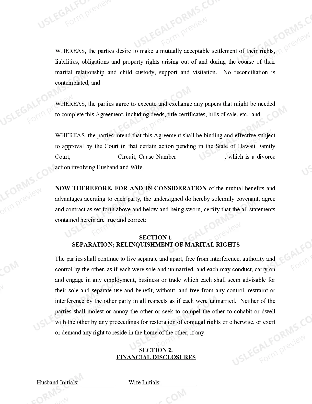 Preview Marital Legal Separation and Property Settlement Agreement Minor Children no Joint Property or Debts where Divorce Action Filed