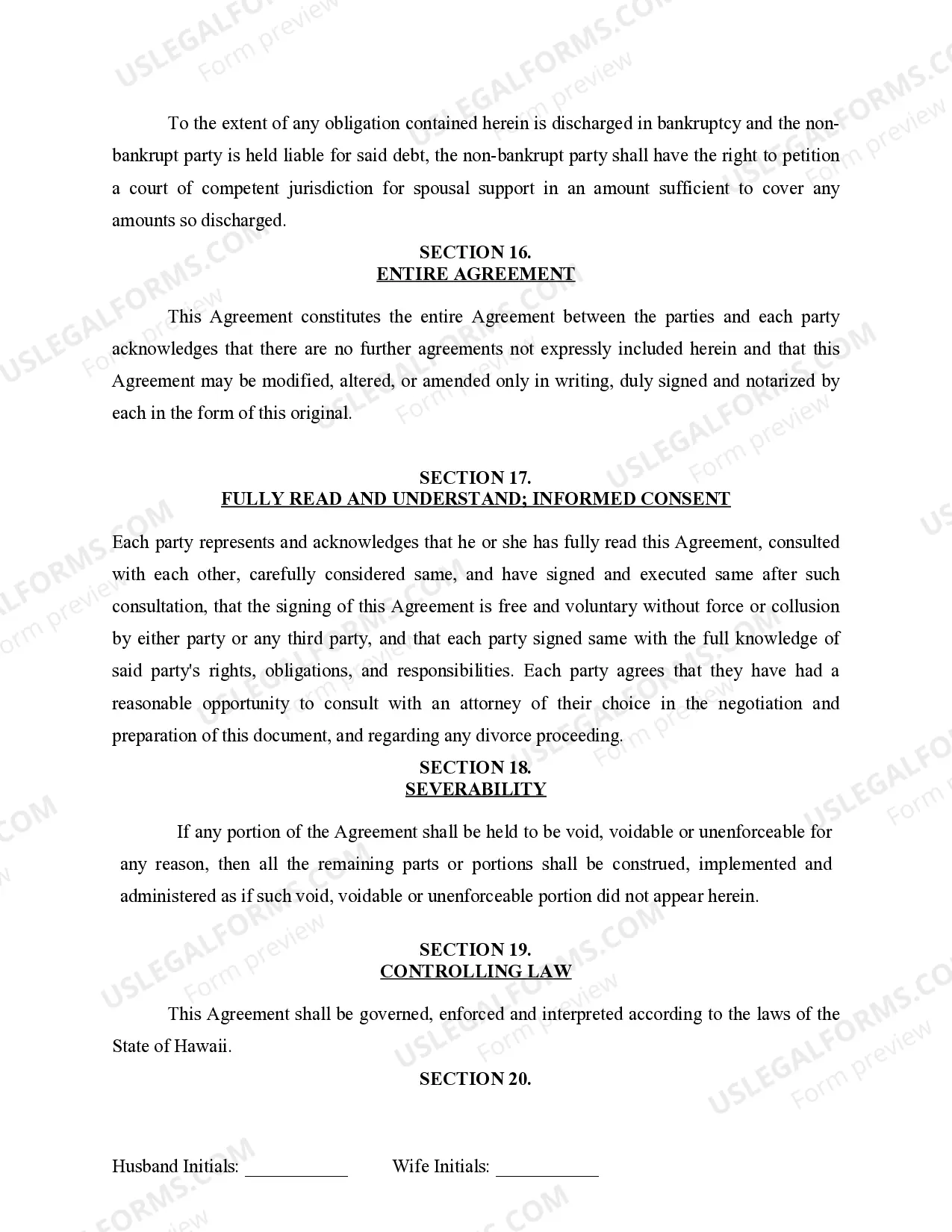 Preview Marital Legal Separation and Property Settlement Agreement for persons with no Children, no Joint Property, or Debts Effective Immediately