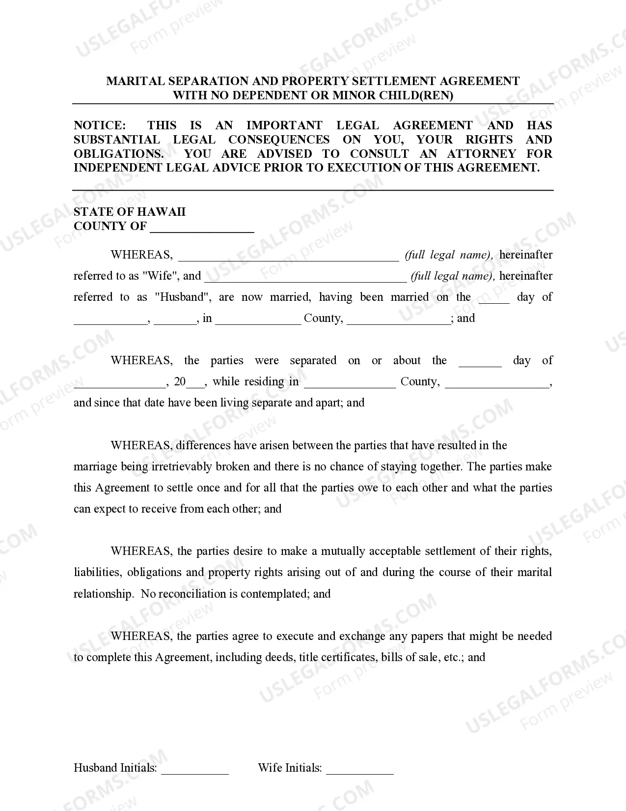 Preview Marital Legal Separation and Property Settlement Agreement for persons with no Children, no Joint Property, or Debts Effective Immediately