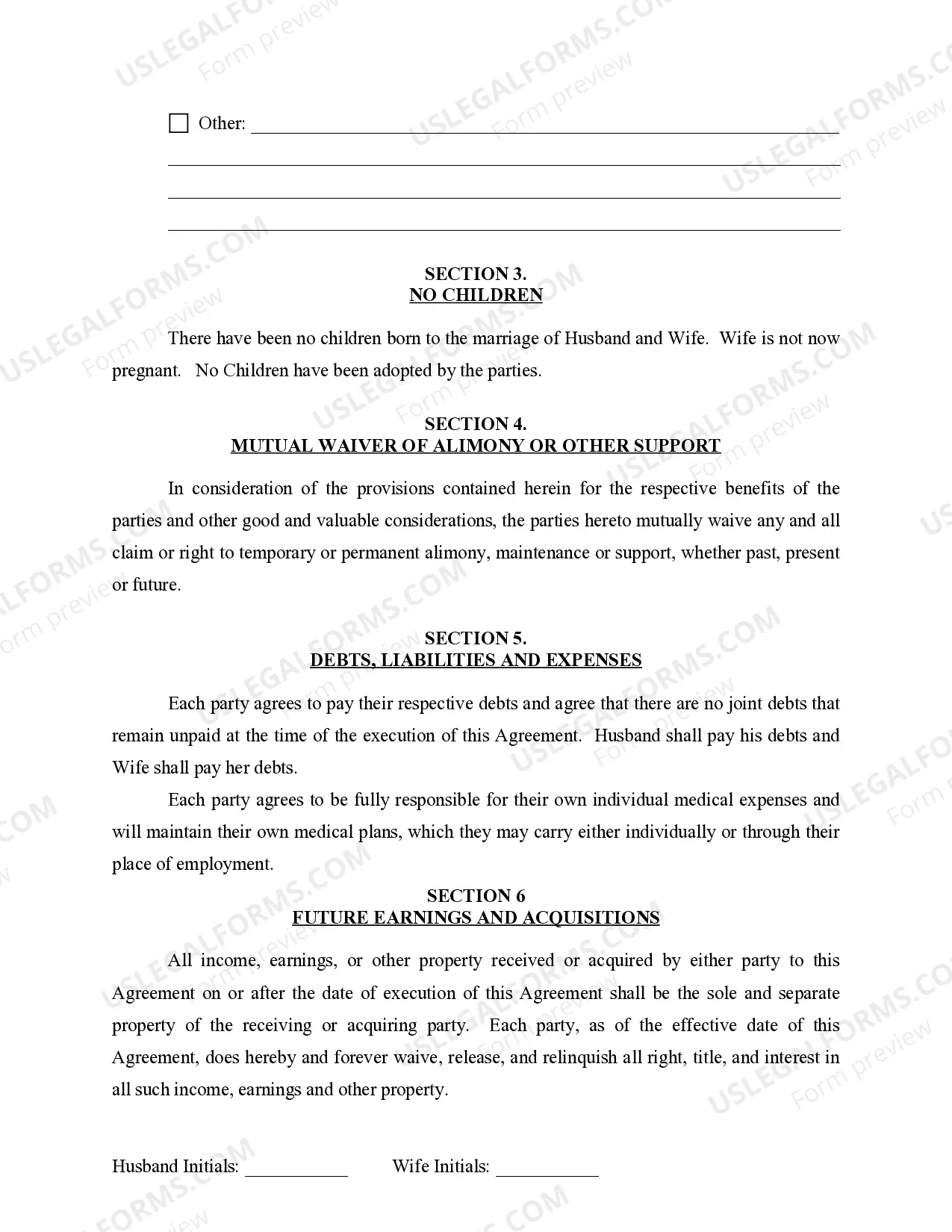 Preview Marital Legal Separation and Property Settlement Agreement for persons with no Children, no Joint Property, or Debts Effective Immediately