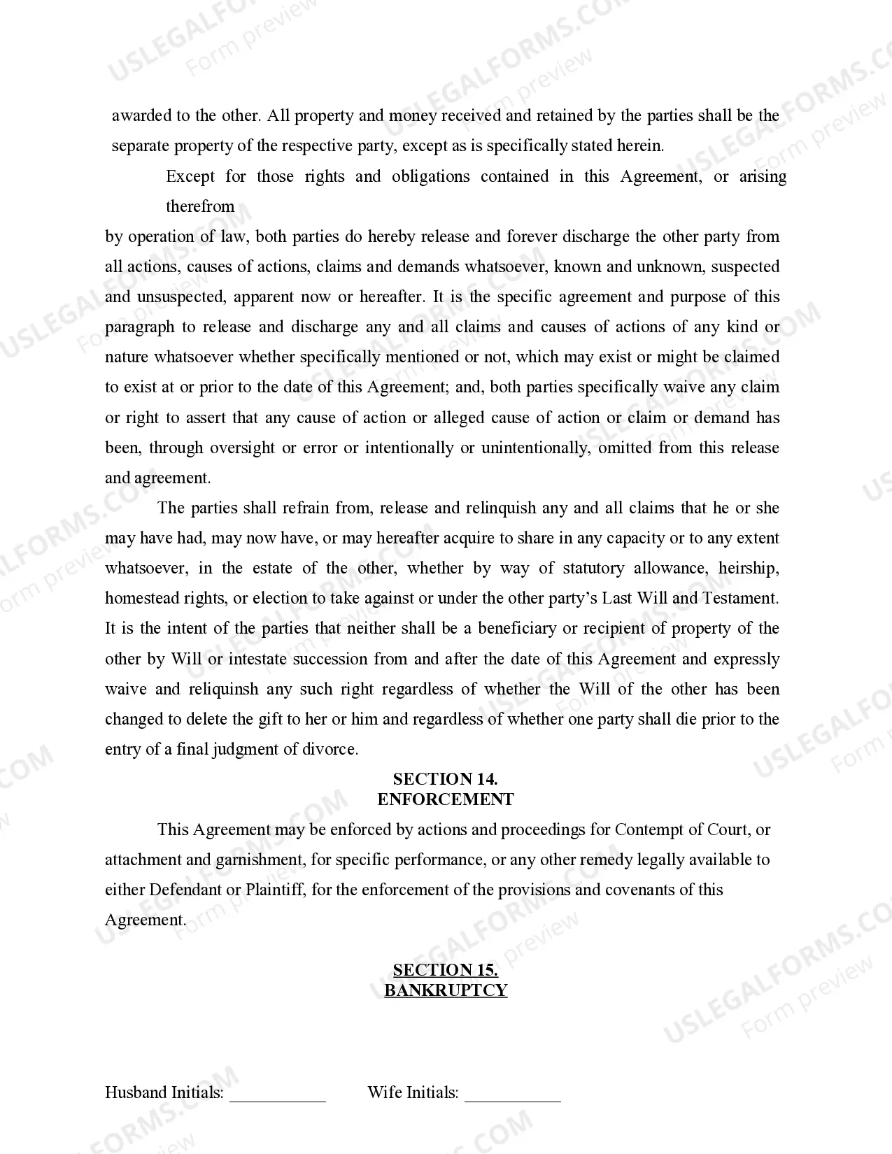 Preview Marital Legal Separation and Property Settlement Agreement for persons with no Children, no Joint Property, or Debts Effective Immediately