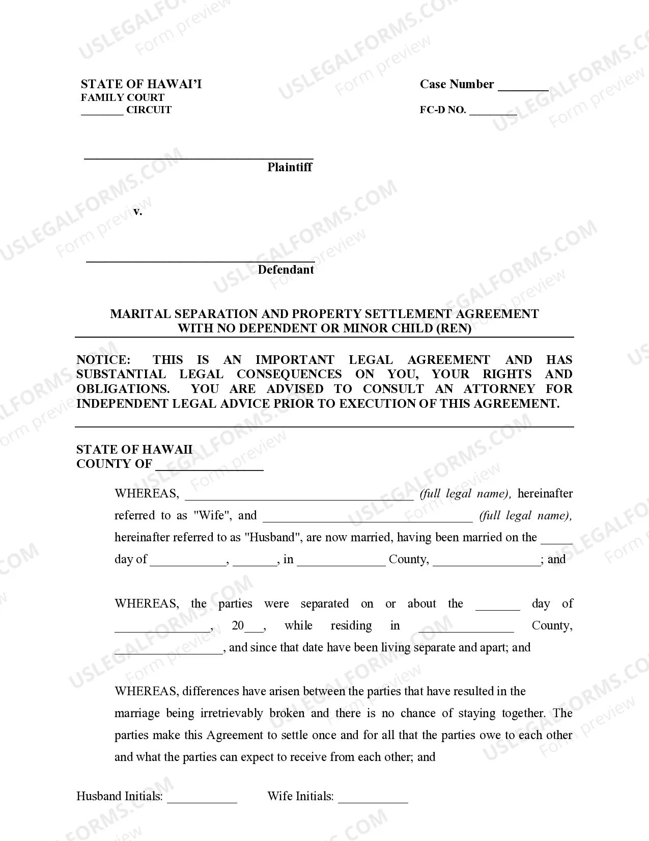Preview Marital Legal Separation and Property Settlement Agreement no Children parties may have Joint Property or Debts where Divorce Action Filed