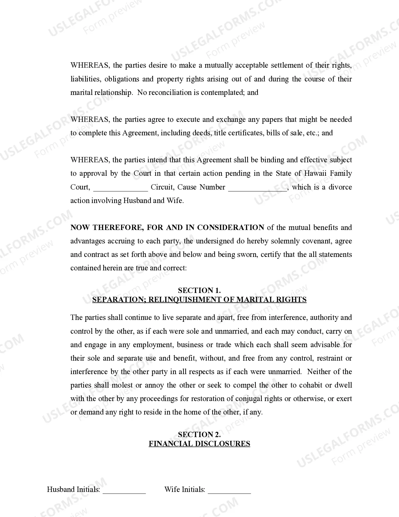 Preview Marital Legal Separation and Property Settlement Agreement no Children parties may have Joint Property or Debts where Divorce Action Filed