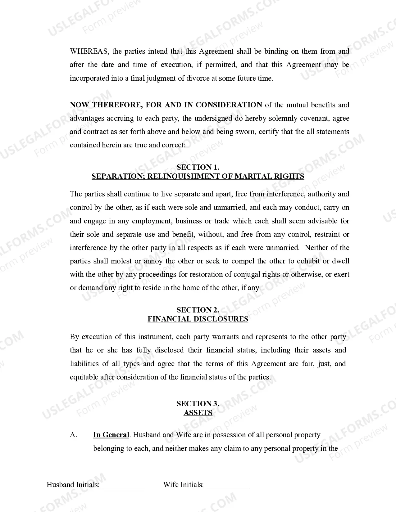 Preview Marital Legal Separation and Property Settlement Agreement no Children parties may have Joint Property or Debts Effective Immediately