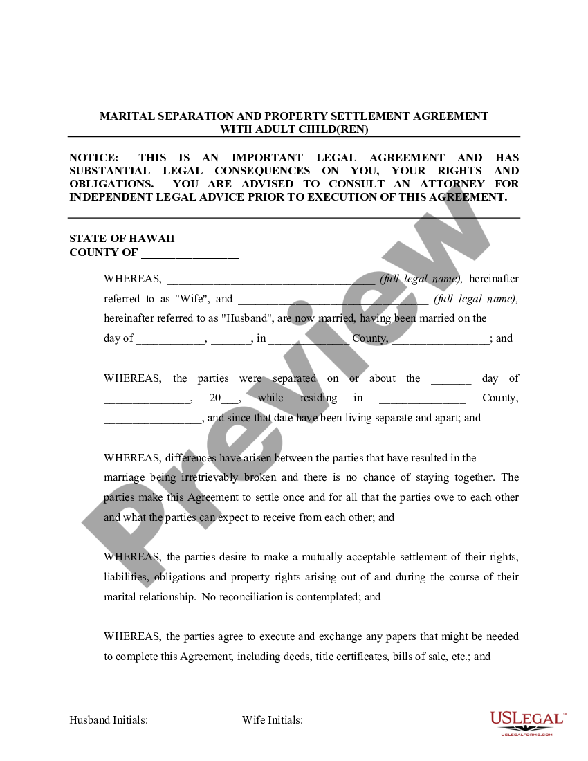 Marital Separation Agreement Hawaii Form | US Legal Forms