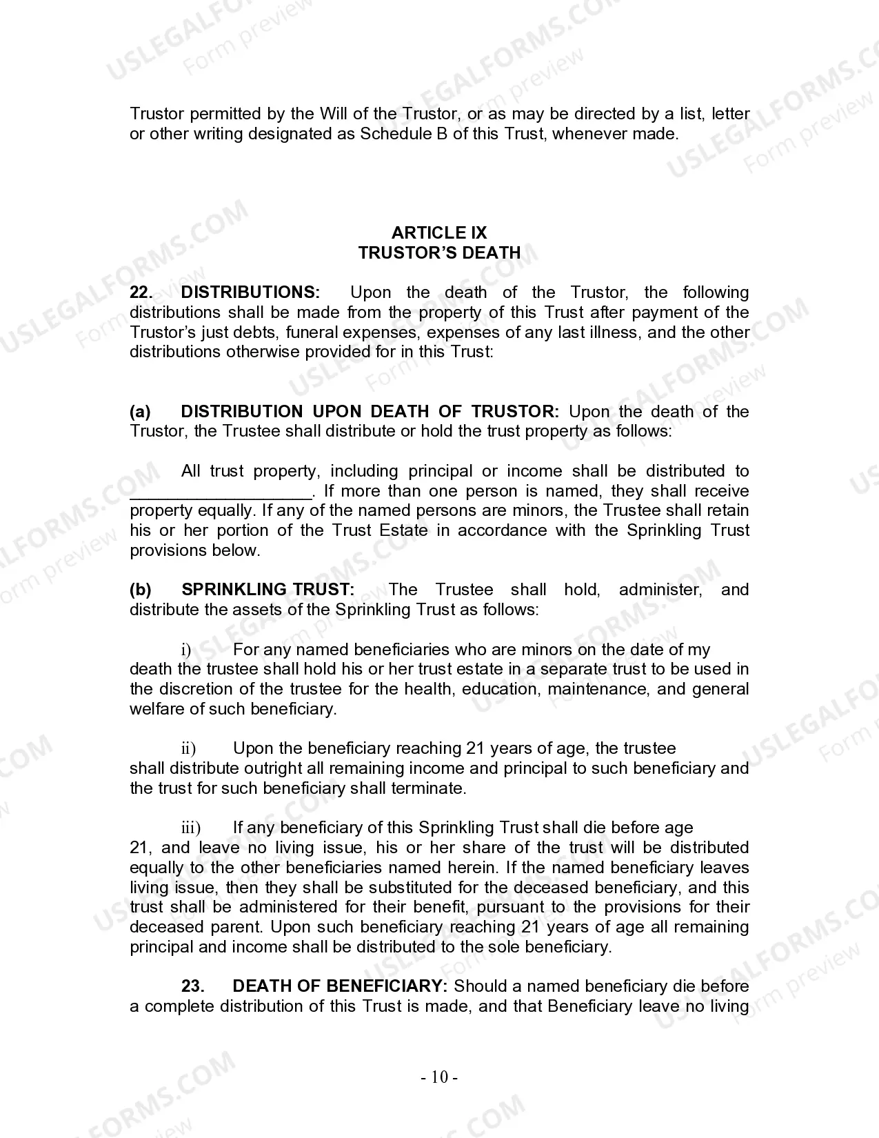 Preview Living Trust for Individual Who is Single, Divorced or Widow (or Widower) with No Children