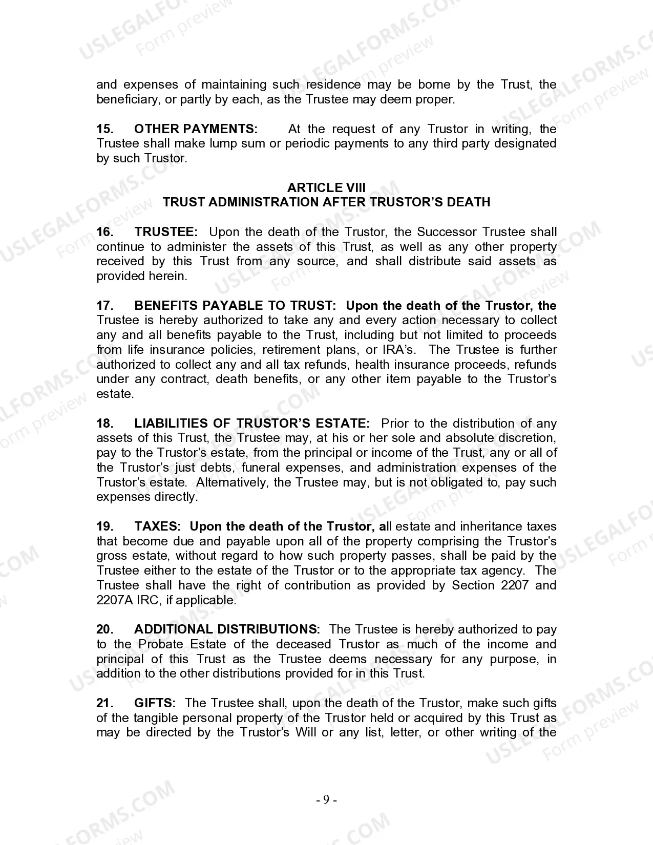 Preview Living Trust for Individual Who is Single, Divorced or Widow (or Widower) with No Children