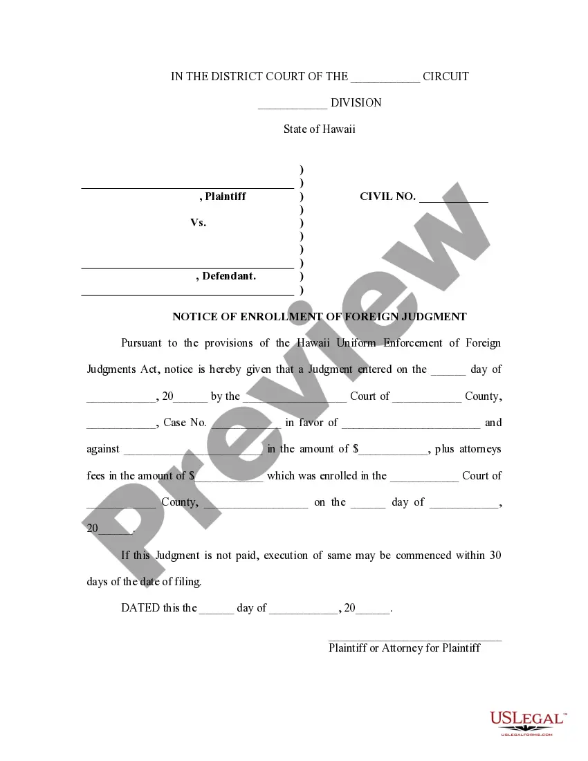 Preview Hawaii Foreign Judgment Enrollment