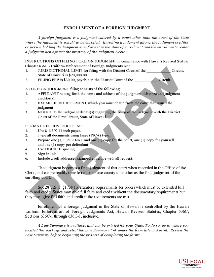 Preview Hawaii Foreign Judgment Enrollment