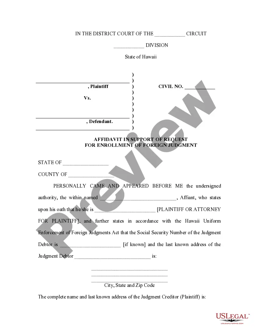 Preview Hawaii Foreign Judgment Enrollment