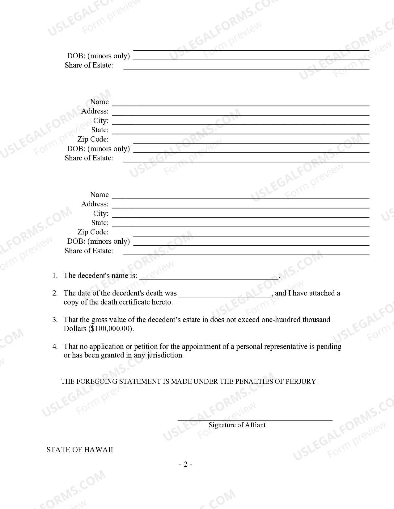 Preview Small Estate Affidavit for Estates under $100,000