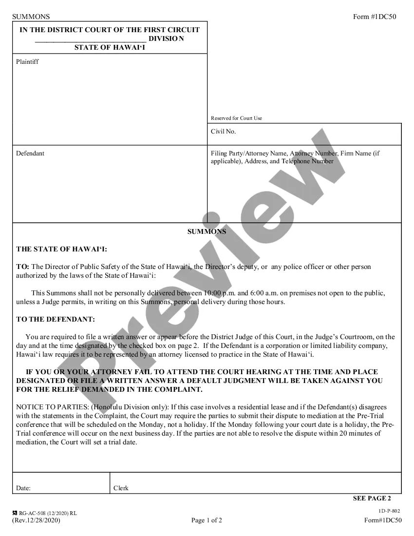 Hawaii Summons (1st Circuit only) Ecourt Kokua US Legal Forms