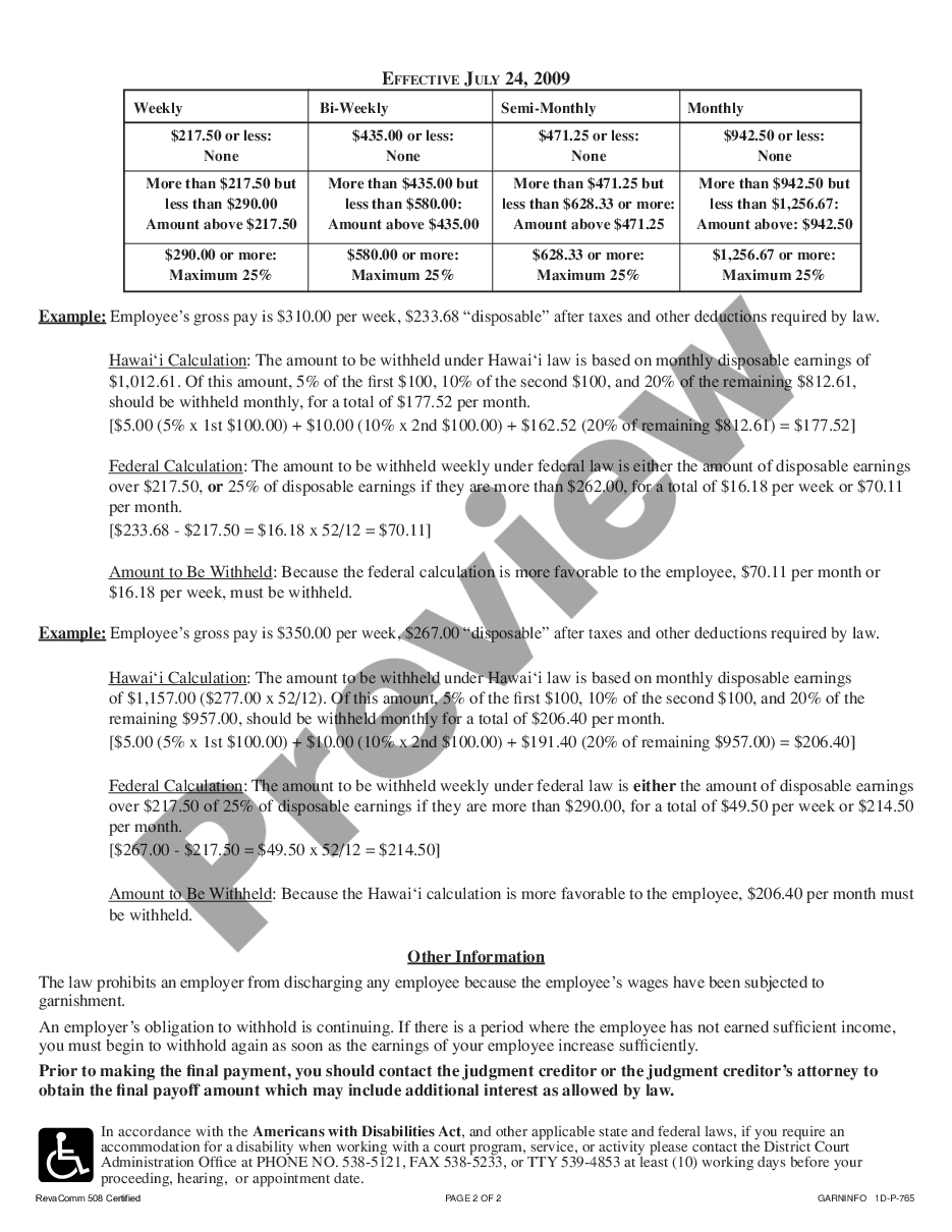 page 1 Hawaii Garnishee Information preview