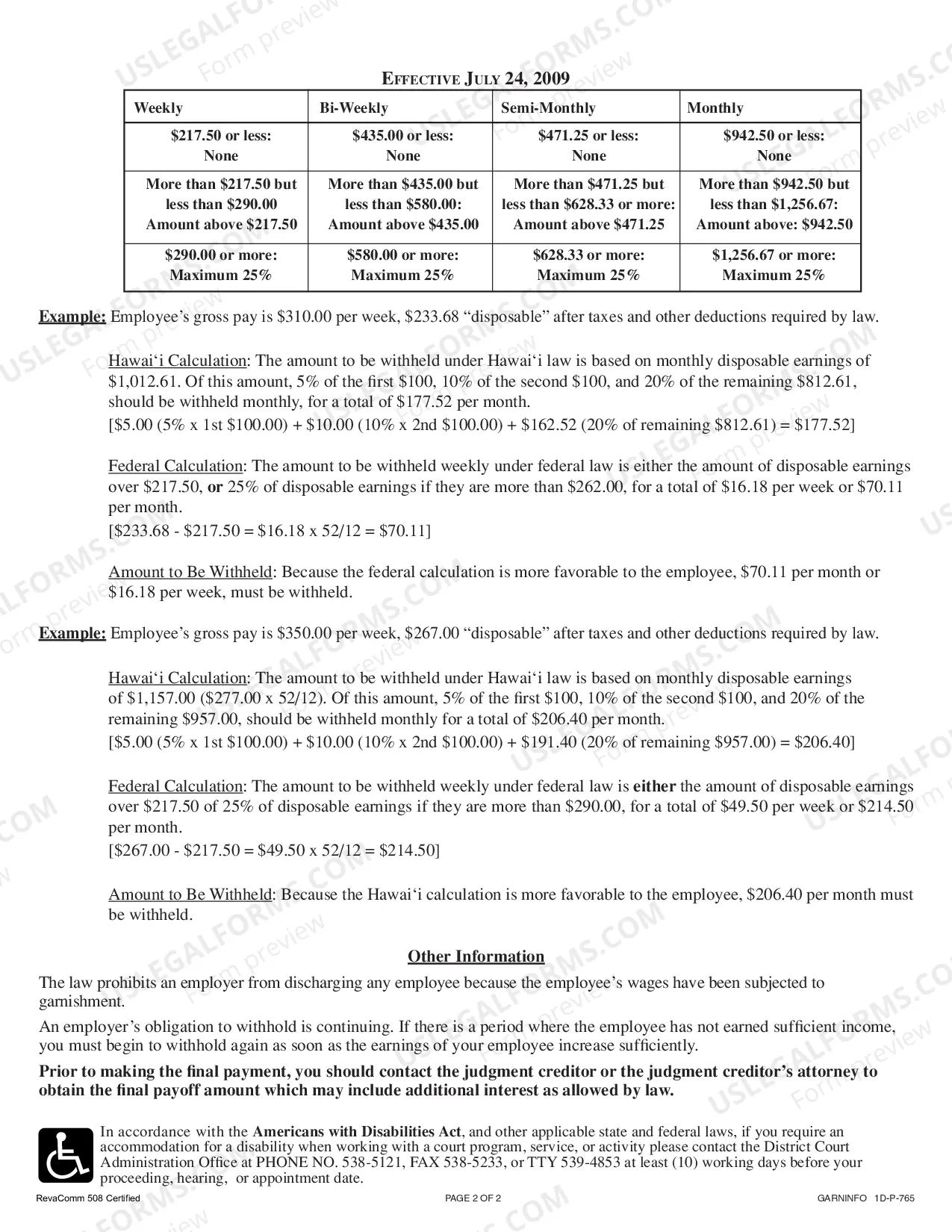 Preview Hawaii Garnishee Information