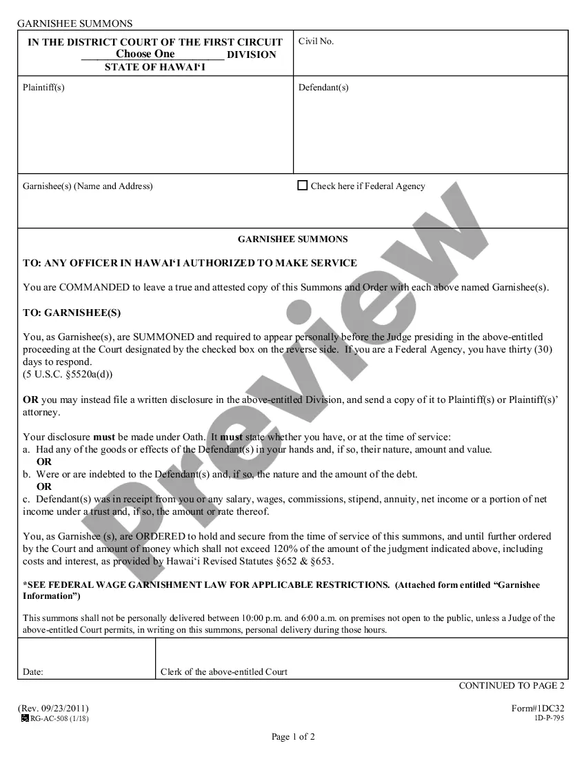 Hawaii Garnishee Summons | US Legal Forms