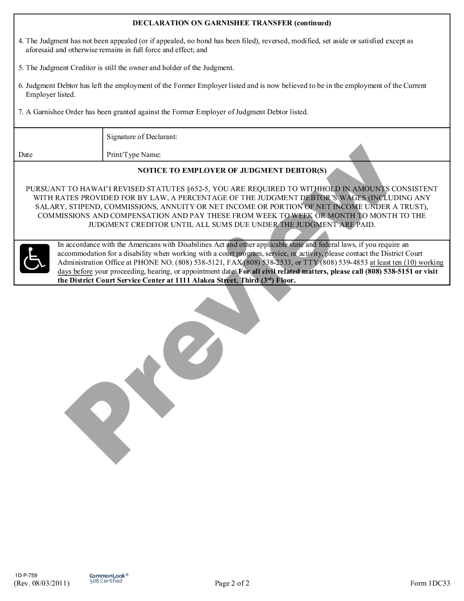form Affidavit of Garnishee Transfer preview