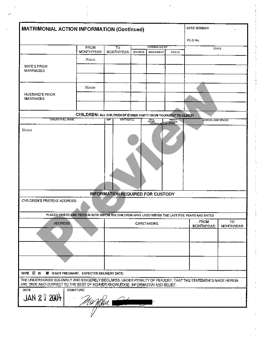 Preview A01 Matrimonial Action Information for Contested Divorce With No Children