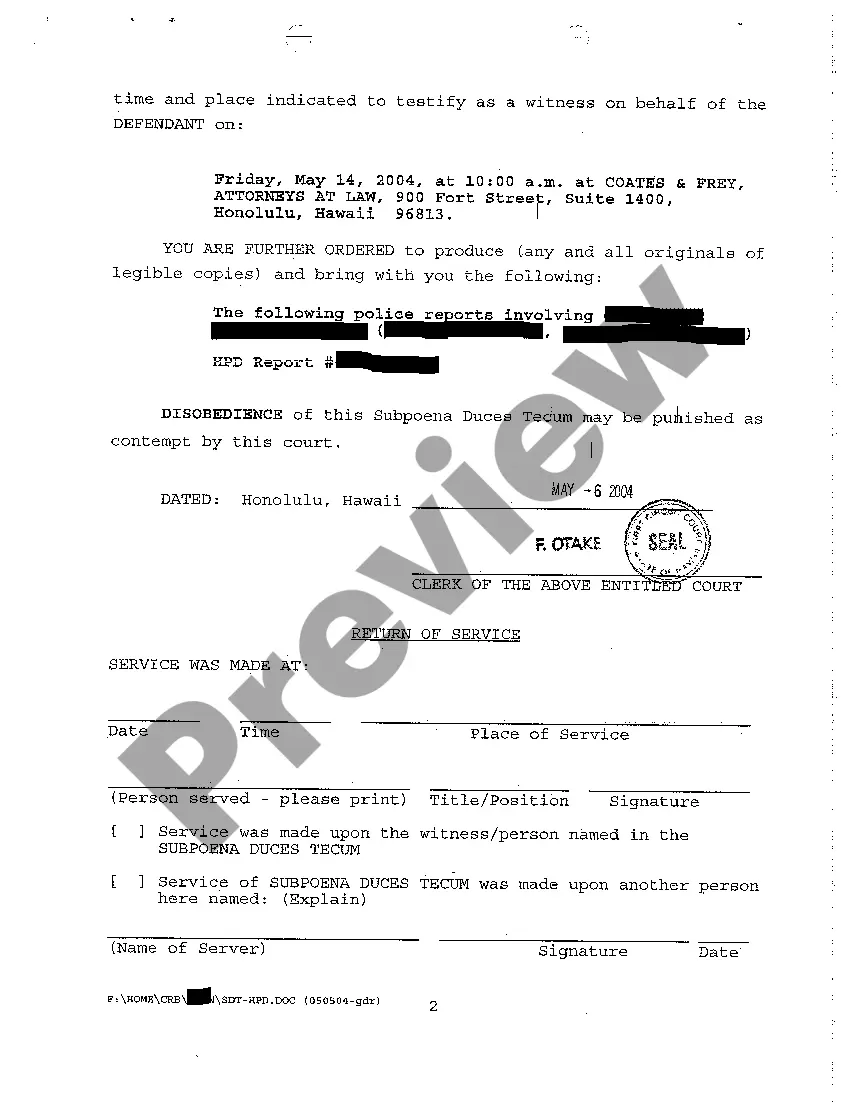 Preview A05 Subpoena Duces Tecum for Contested Divorce With No Children