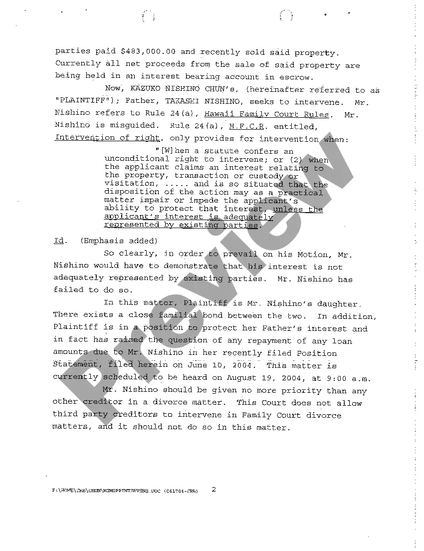 Get A09 Defendant's Memorandum of Law in Opposition to Motion to Intervene regarding Contested Divorce With No Children Preview A09 Defendant's Memorandum of Law in Opposition to Motion to Intervene regarding Contested Divorce With No Children