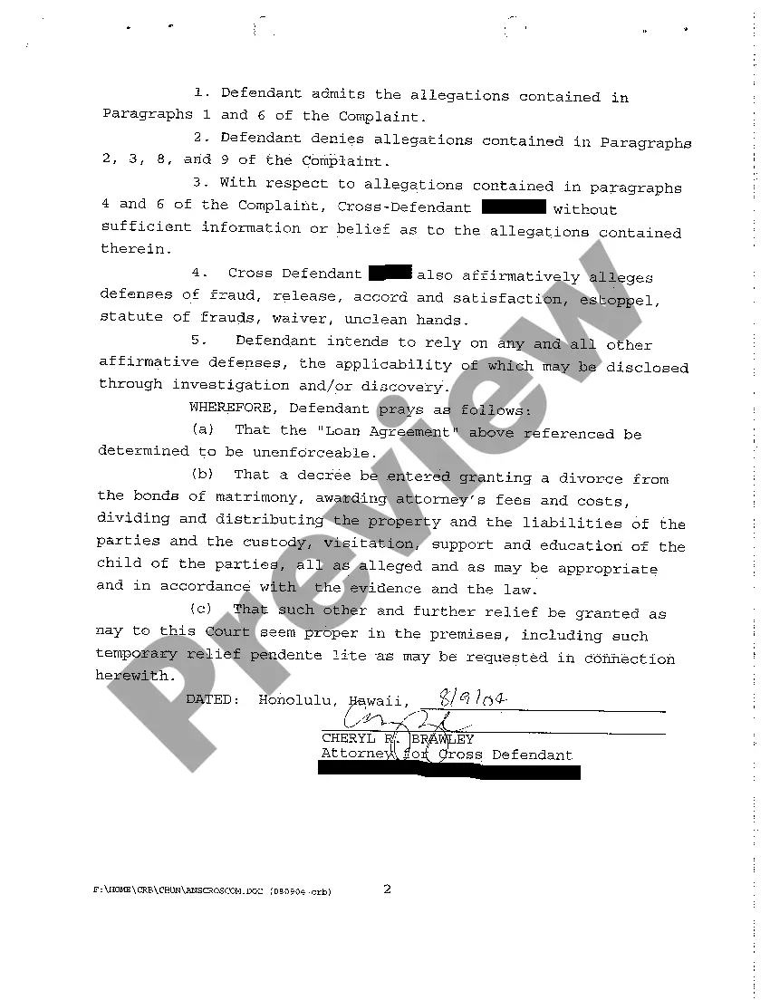 Preview A13 Answer to Cross Complaint regarding Contested Divorce With No Children