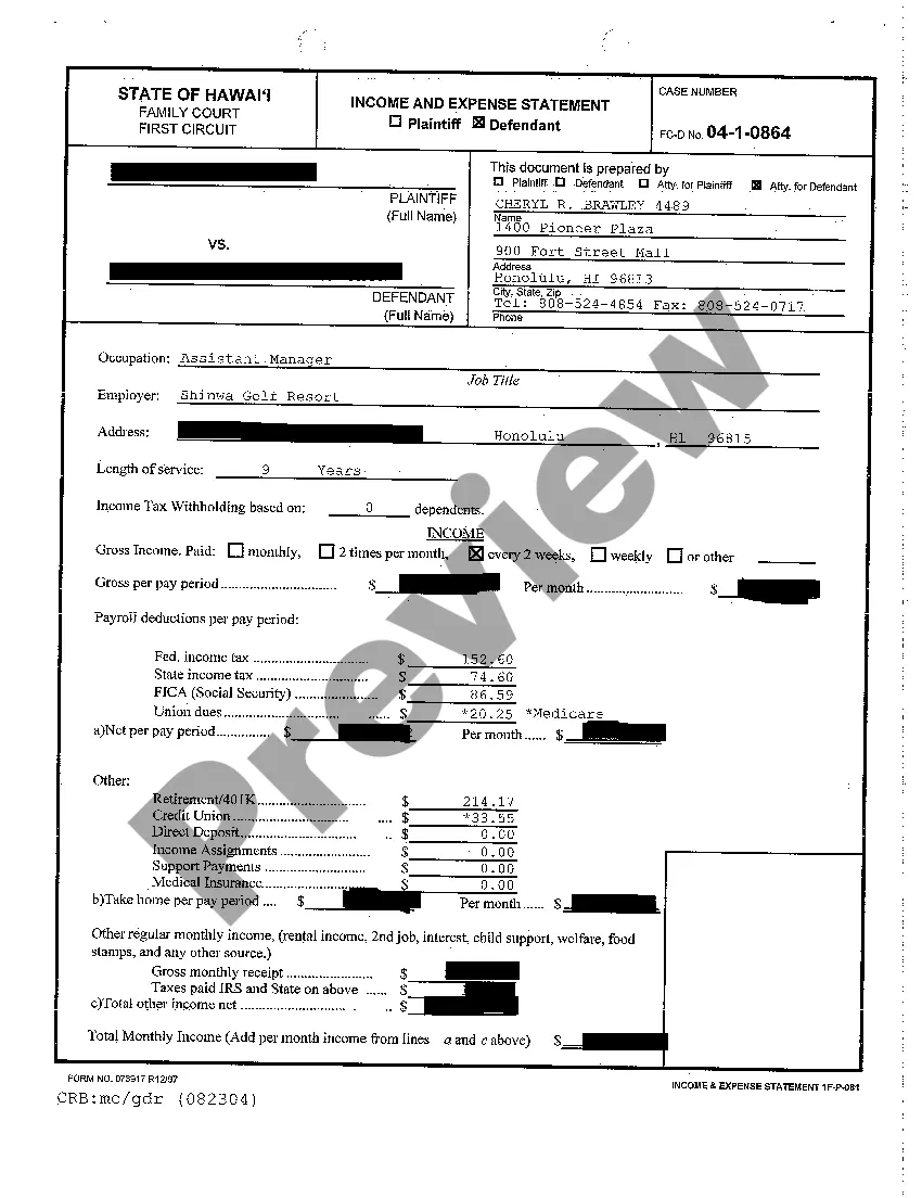 Get A14 Responsive Position Statement of Defendant Cross-Defendant - Income Expense and Asset and Debt Statements Preview A14 Responsive Position Statement of Defendant Cross-Defendant - Income Expense and Asset and Debt Statements