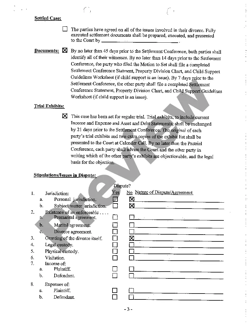 Preview A29 Pretrial Order regarding Contested Divorce With No Children