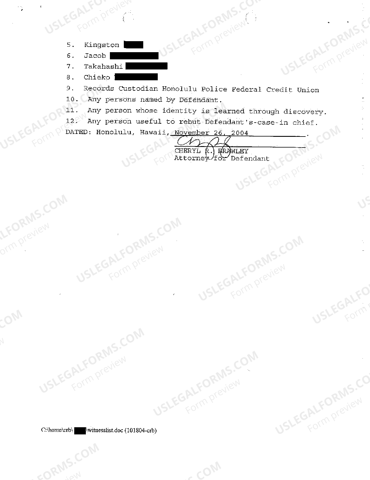 Hawaii Defendant's Witness List US Legal Forms