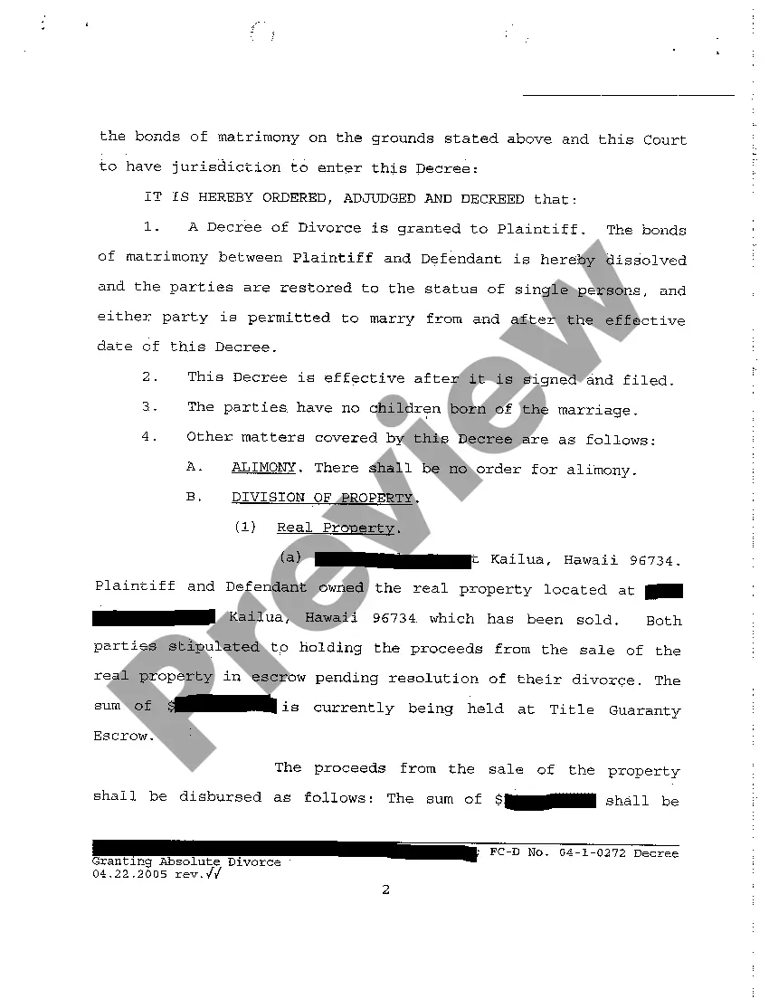 Preview A55 Decree Granting Absolute Divorce regarding Contested Divorce With No Children