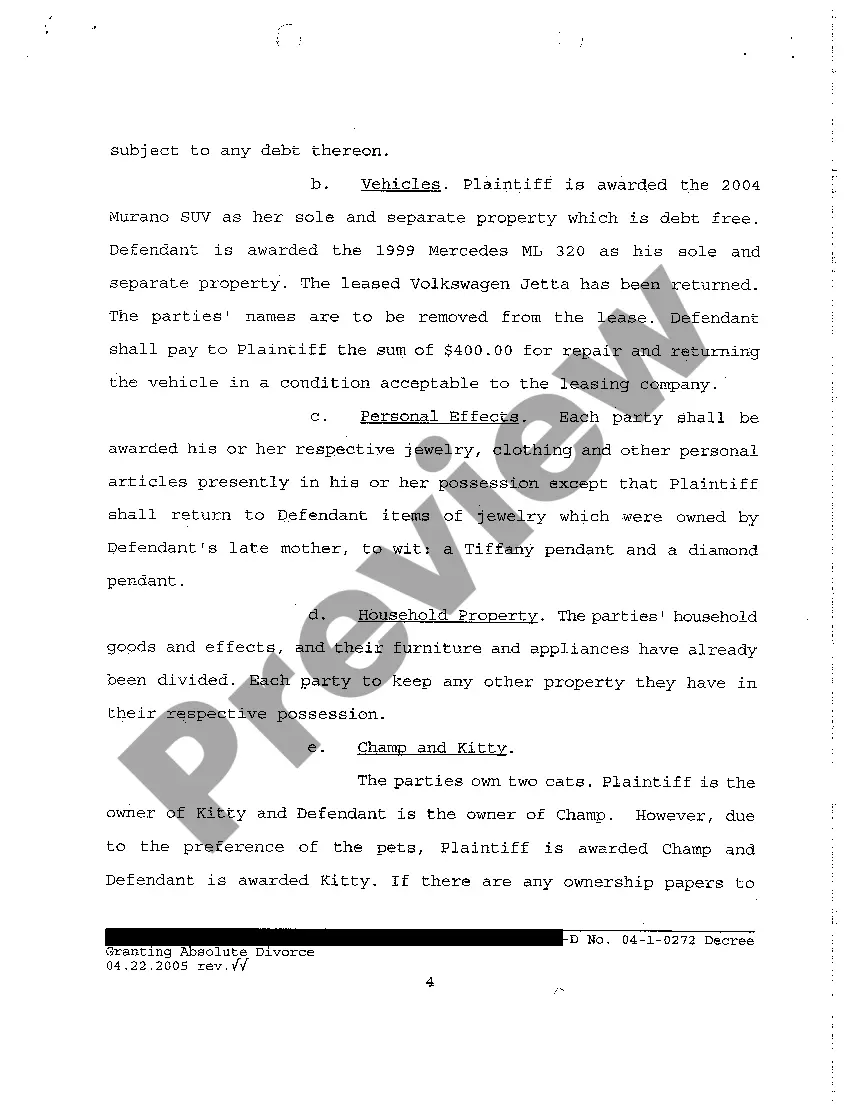 Preview A55 Decree Granting Absolute Divorce regarding Contested Divorce With No Children