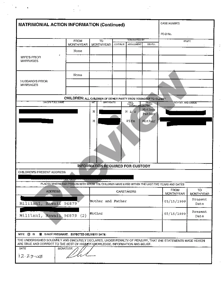 Preview A01 Matrimonial Action Information regarding Contested Divorce With Children