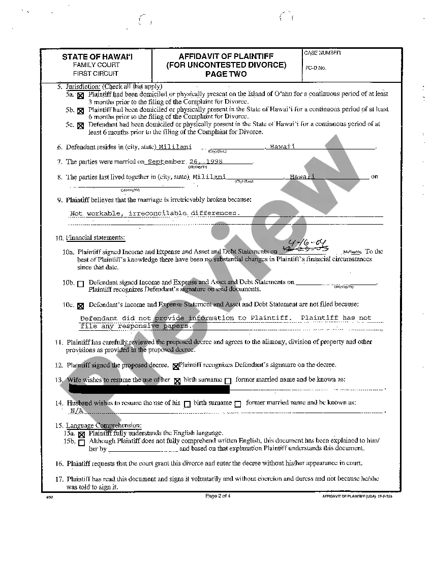 Preview A13 Affidavit of Plaintiff for Uncontested Divorce