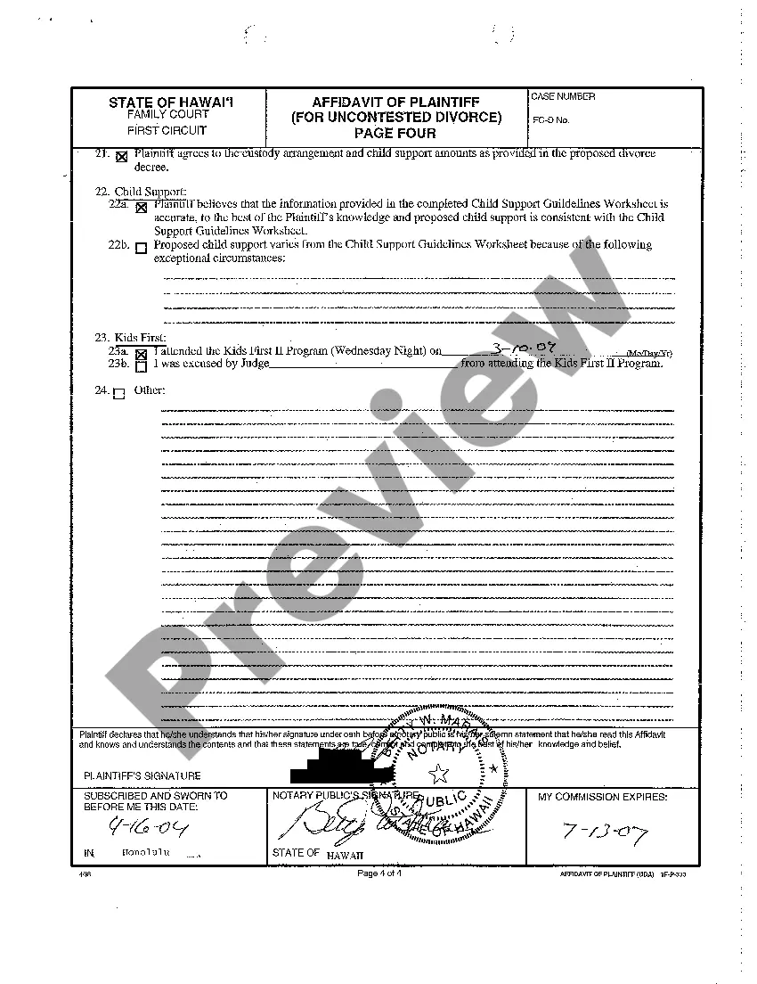 Preview A13 Affidavit of Plaintiff for Uncontested Divorce