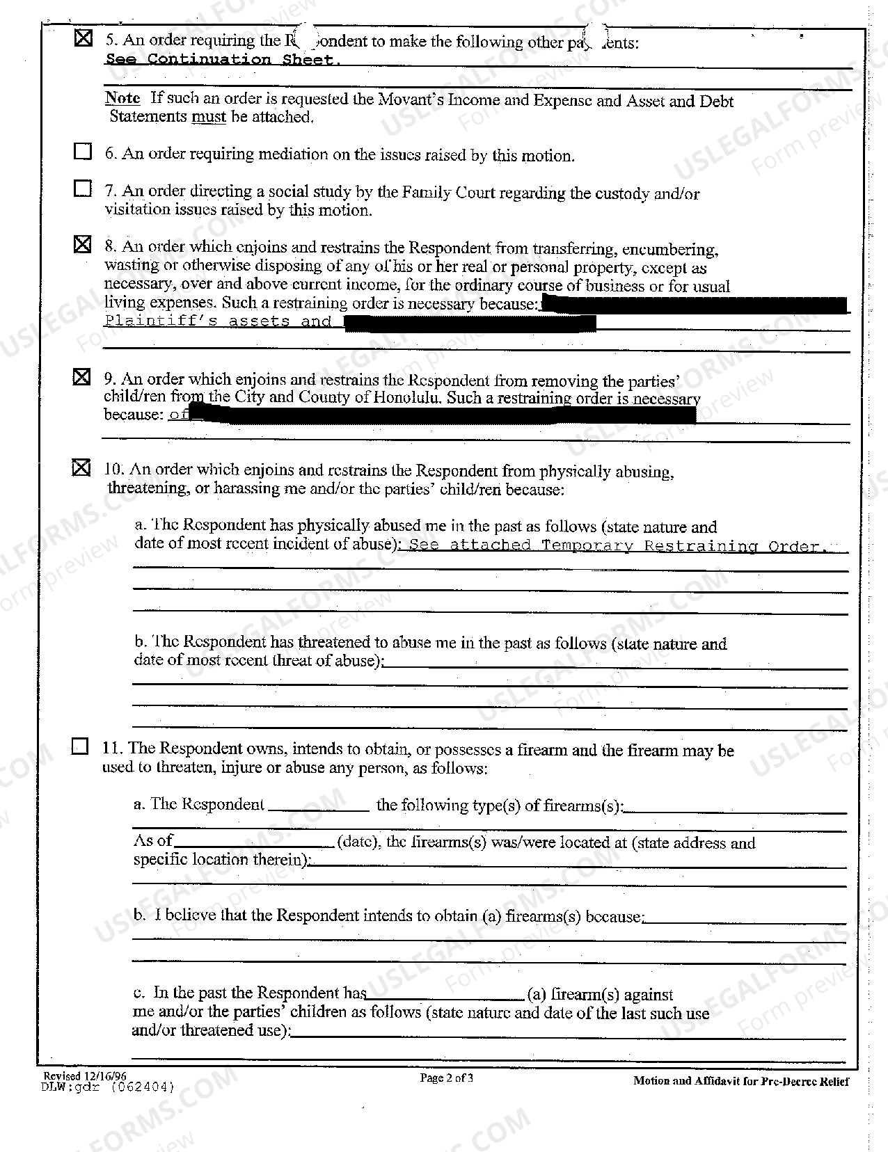 Hawaii Motion and Affidavit for Pre Hawaii Divorce Records US Legal