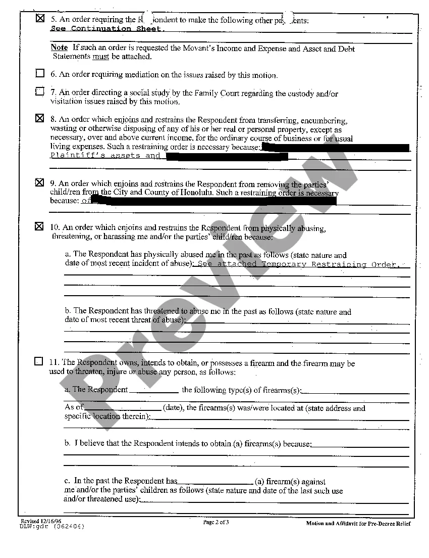 Preview A20 Motion and Affidavit for Pre-Decree Relief regarding Contested Divorce With Children
