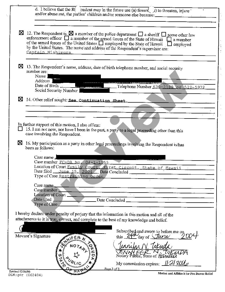 Preview A20 Motion and Affidavit for Pre-Decree Relief regarding Contested Divorce With Children