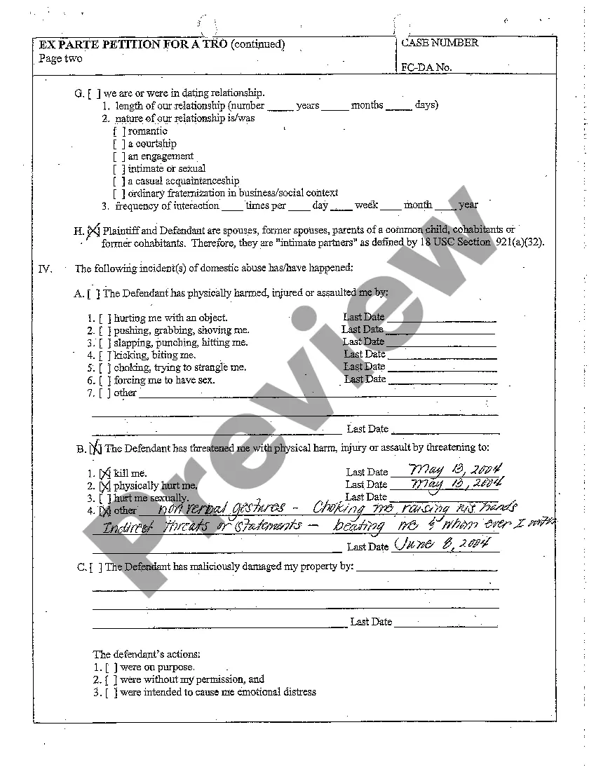 Preview A21 Ex Parte Petition for a Temporary Restraining Order for Protection and Statement