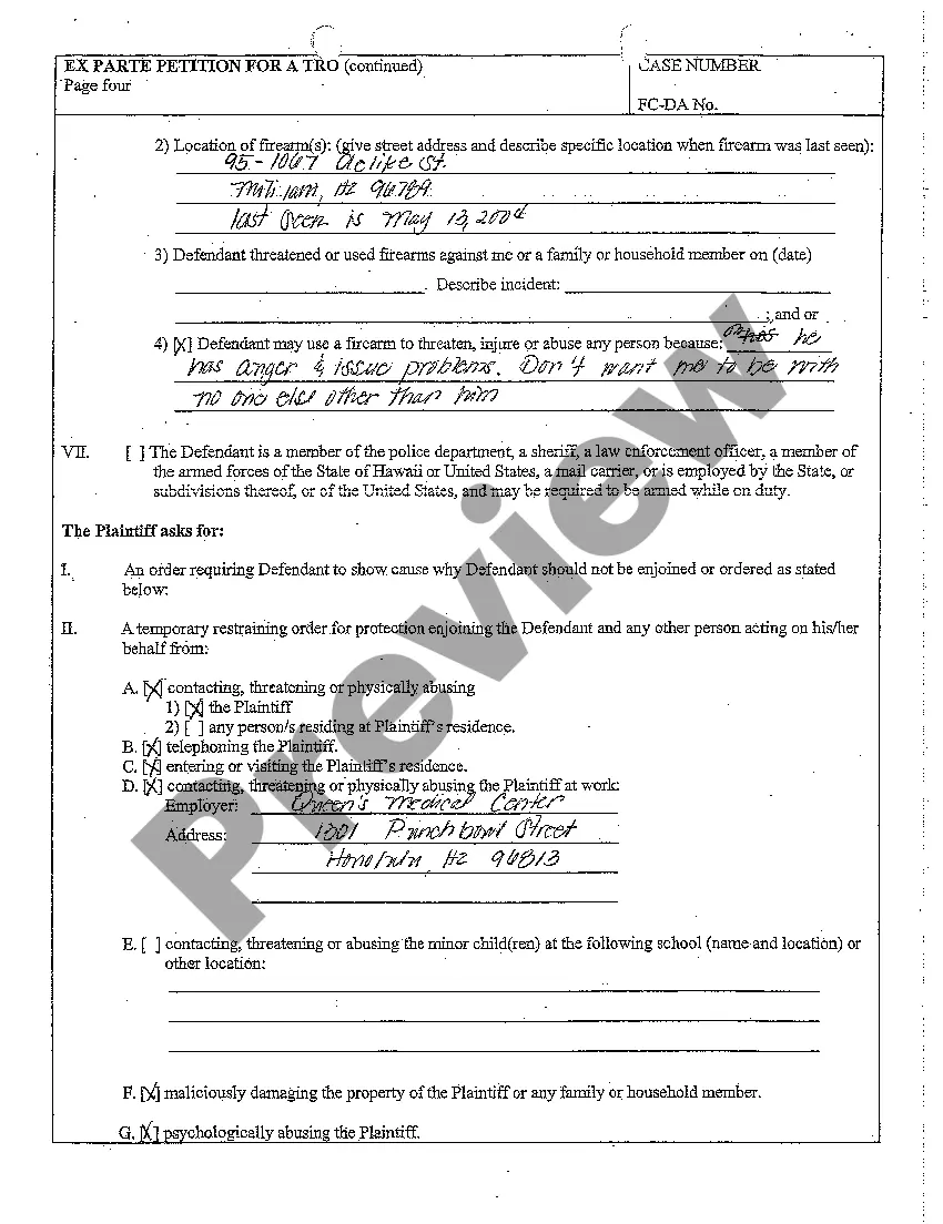 Preview A21 Ex Parte Petition for a Temporary Restraining Order for Protection and Statement