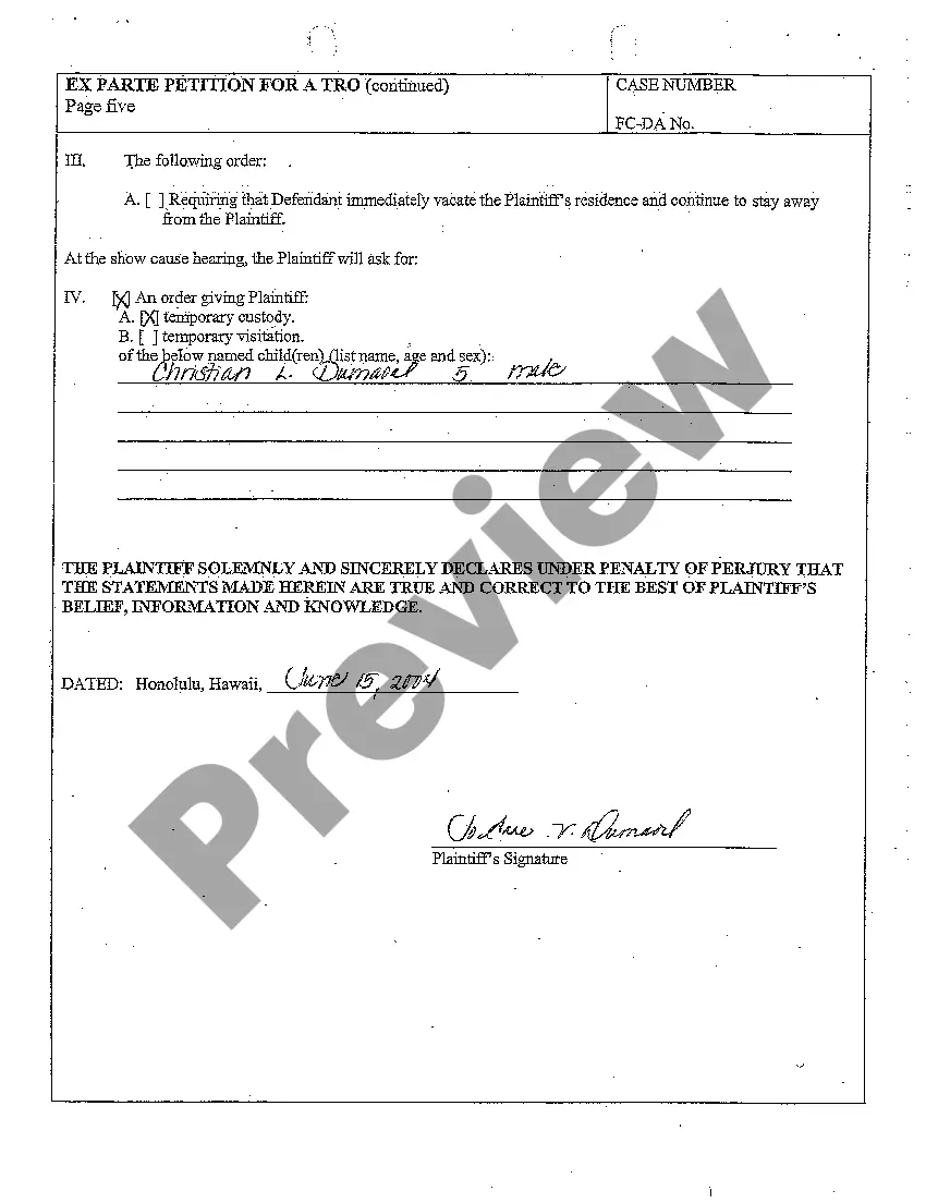 Preview A21 Ex Parte Petition for a Temporary Restraining Order for Protection and Statement