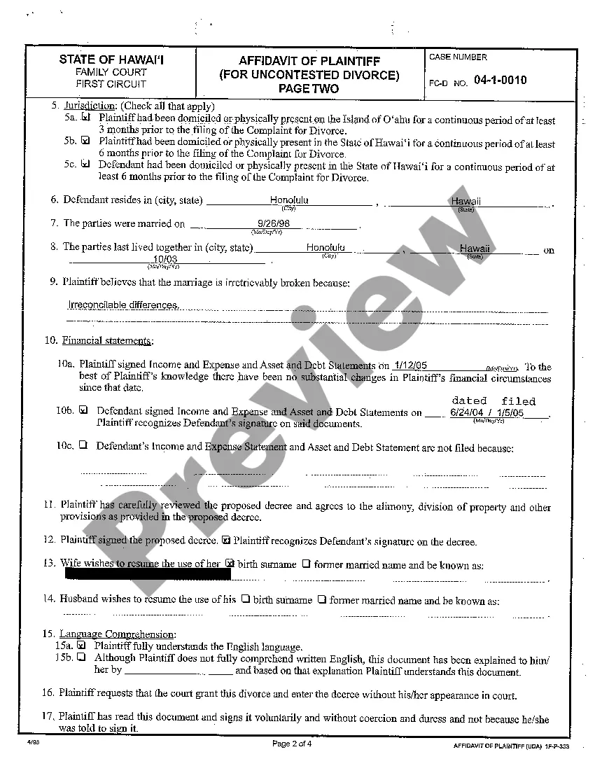 Preview A33 Affidavit of Plaintiff for Uncontested Divorce