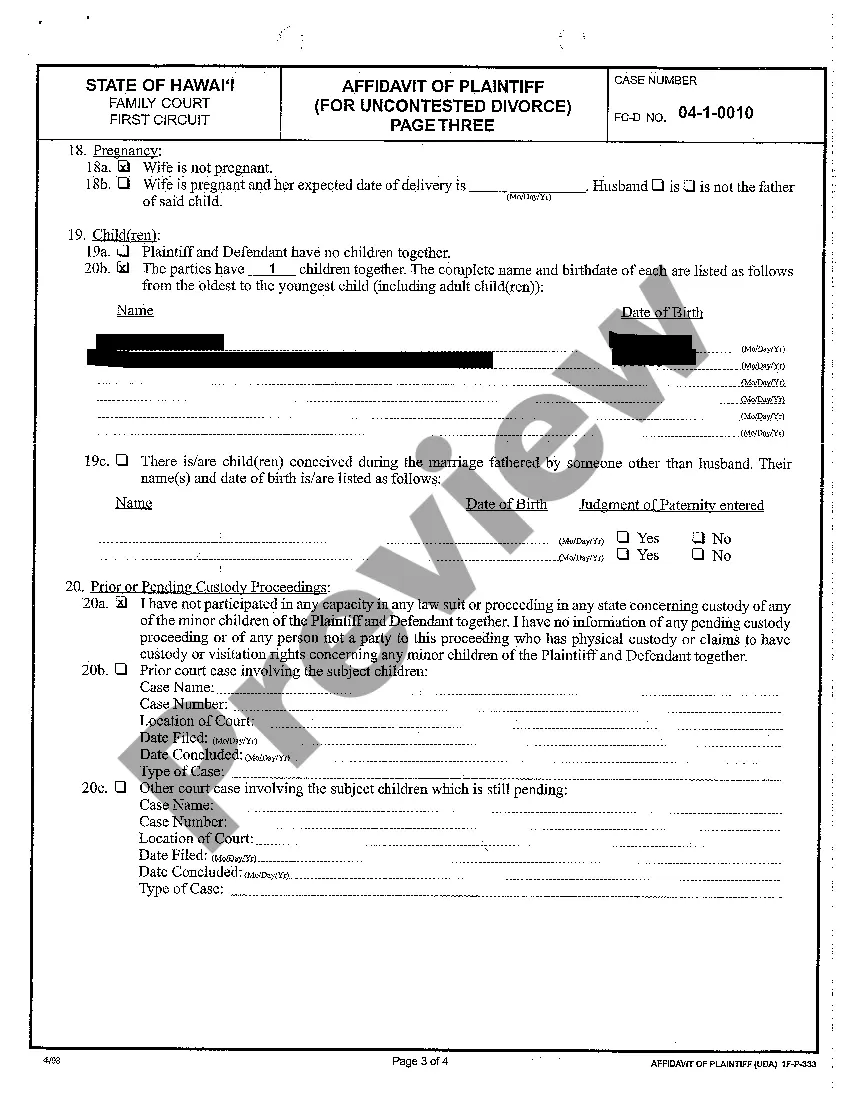 Preview A33 Affidavit of Plaintiff for Uncontested Divorce
