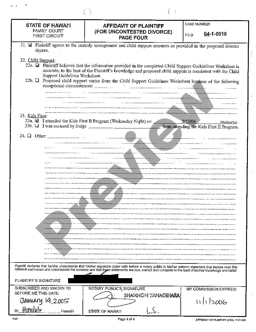 Preview A33 Affidavit of Plaintiff for Uncontested Divorce