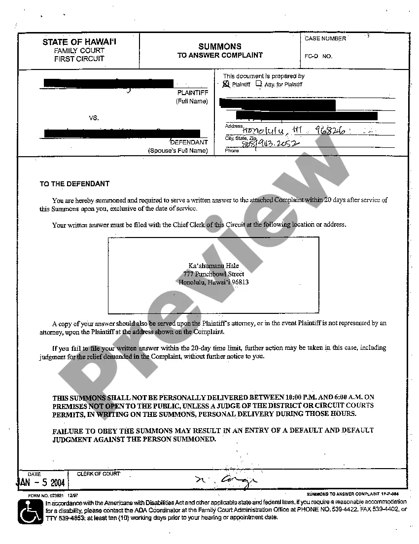 Preview A01 Complaint for Divorce regarding Contested Divorce With Children