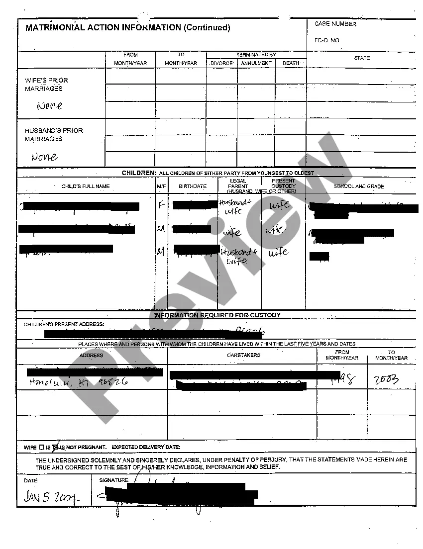 Preview A02 Matrimonial Action Information regarding Contested Divorce With Children