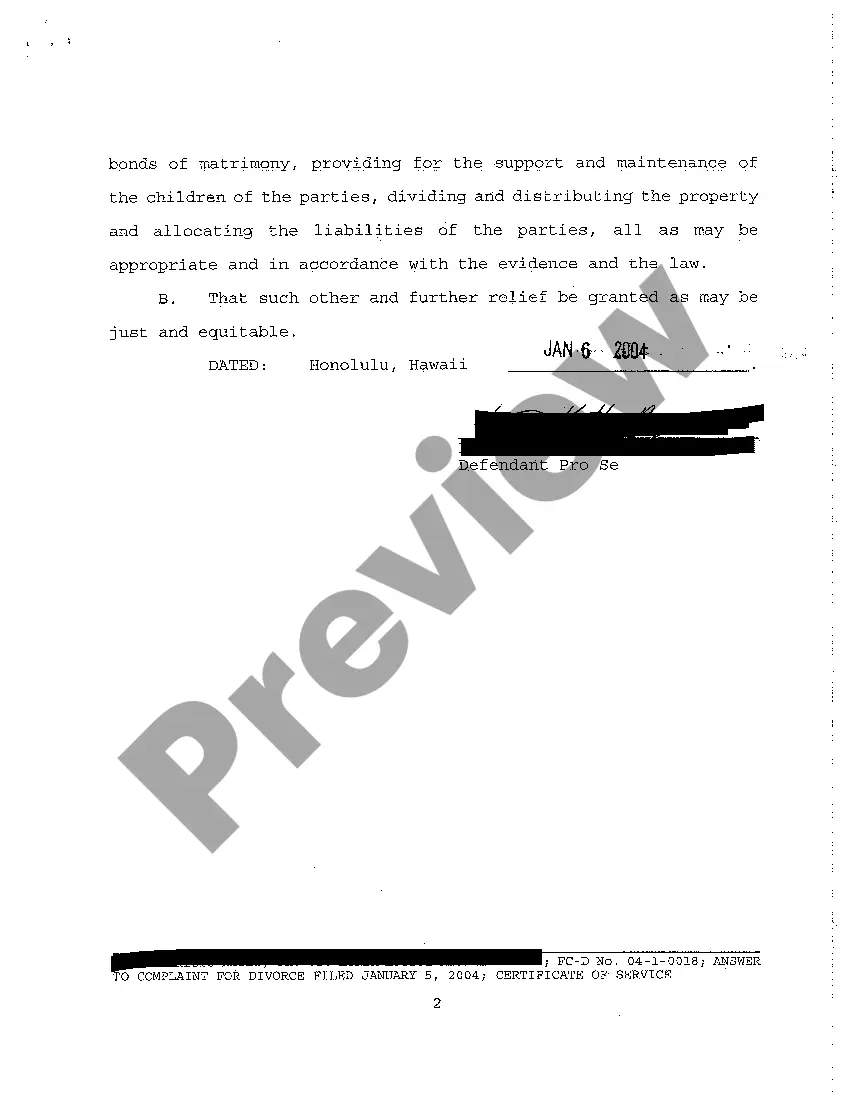 Preview A04 Answer to Complaint for Divorce regarding Contested Divorce With Children