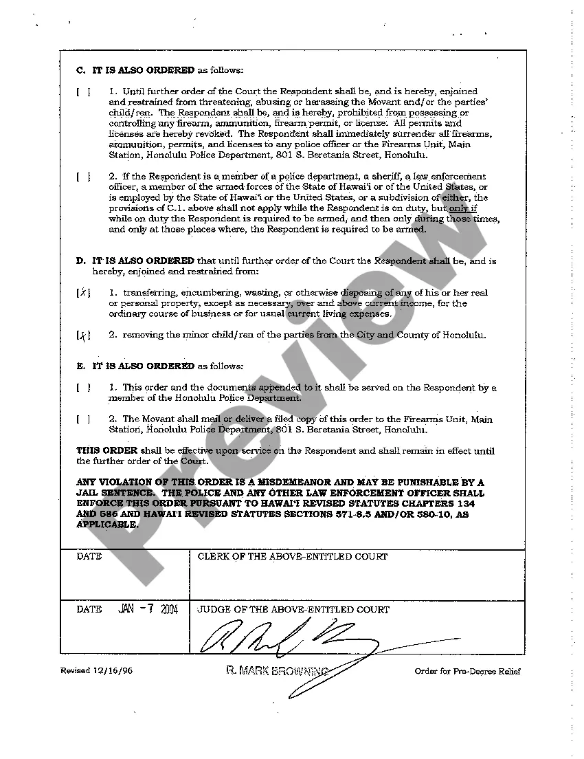 Preview A06 Order for Pre-Decree Relief regarding Contested Divorce With Children