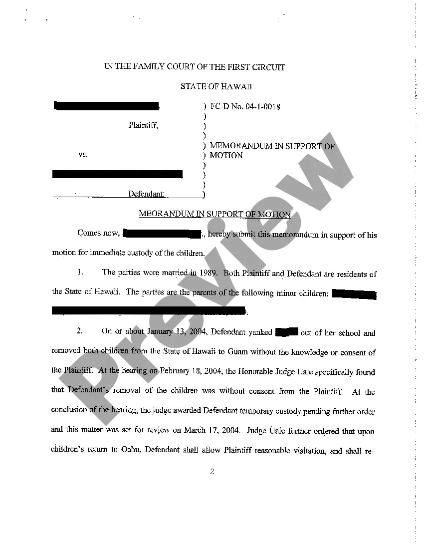 Preview A18 Motion for Immediate Custody of Children and for Appointment of Custody Evaluator - Memorandum in Support of Motion