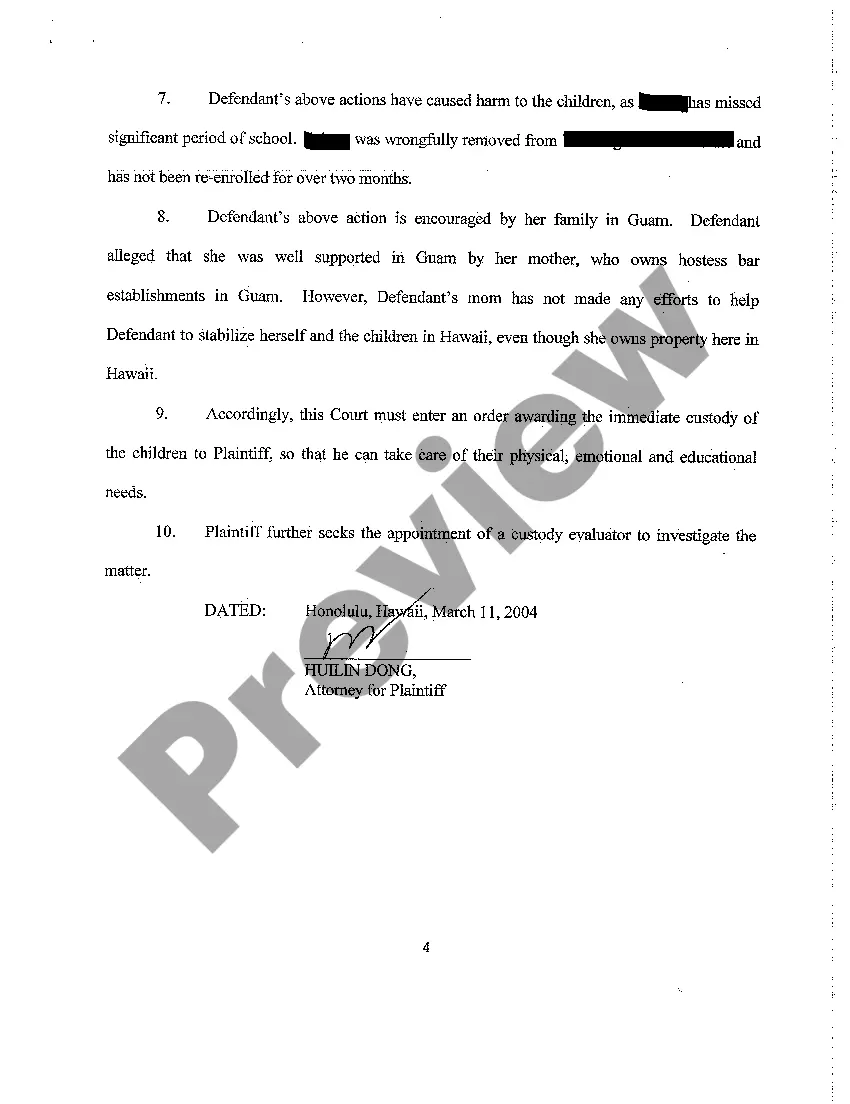 Preview A18 Motion for Immediate Custody of Children and for Appointment of Custody Evaluator - Memorandum in Support of Motion