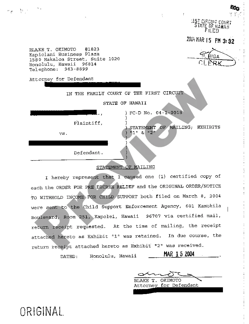 Preview A19 Certificate of Service Order for Pre-Decree Relief, Original Order - Notice